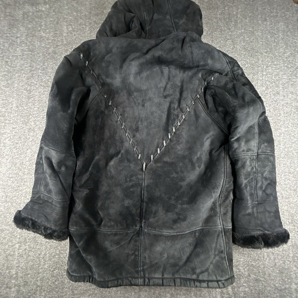 Gallery Genuine Suede Leather Coat Womens Sz M Black Faux Fur Lining & Trim Warm - Picture 2 of 12